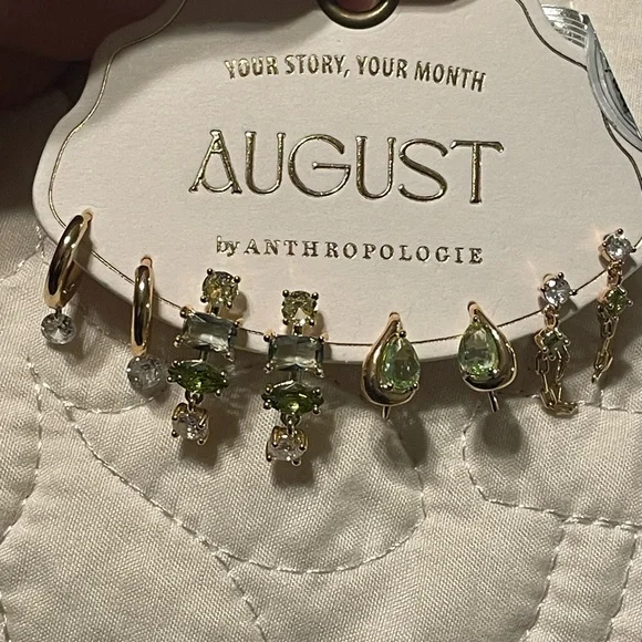 Anthropologie Green Crystal Multi-Pair Earring Set in Gold - Picture 2 of 4